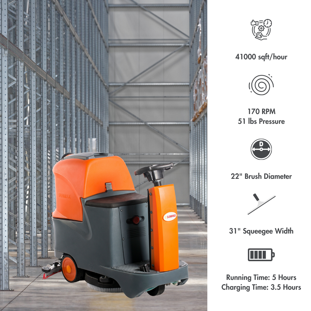 SANITMAX RT70 Ride-On Floor Scrubber, 48000 Sqft/H Efficiency, 18.5 Gal Tanks, 31-inch Squeegee Width