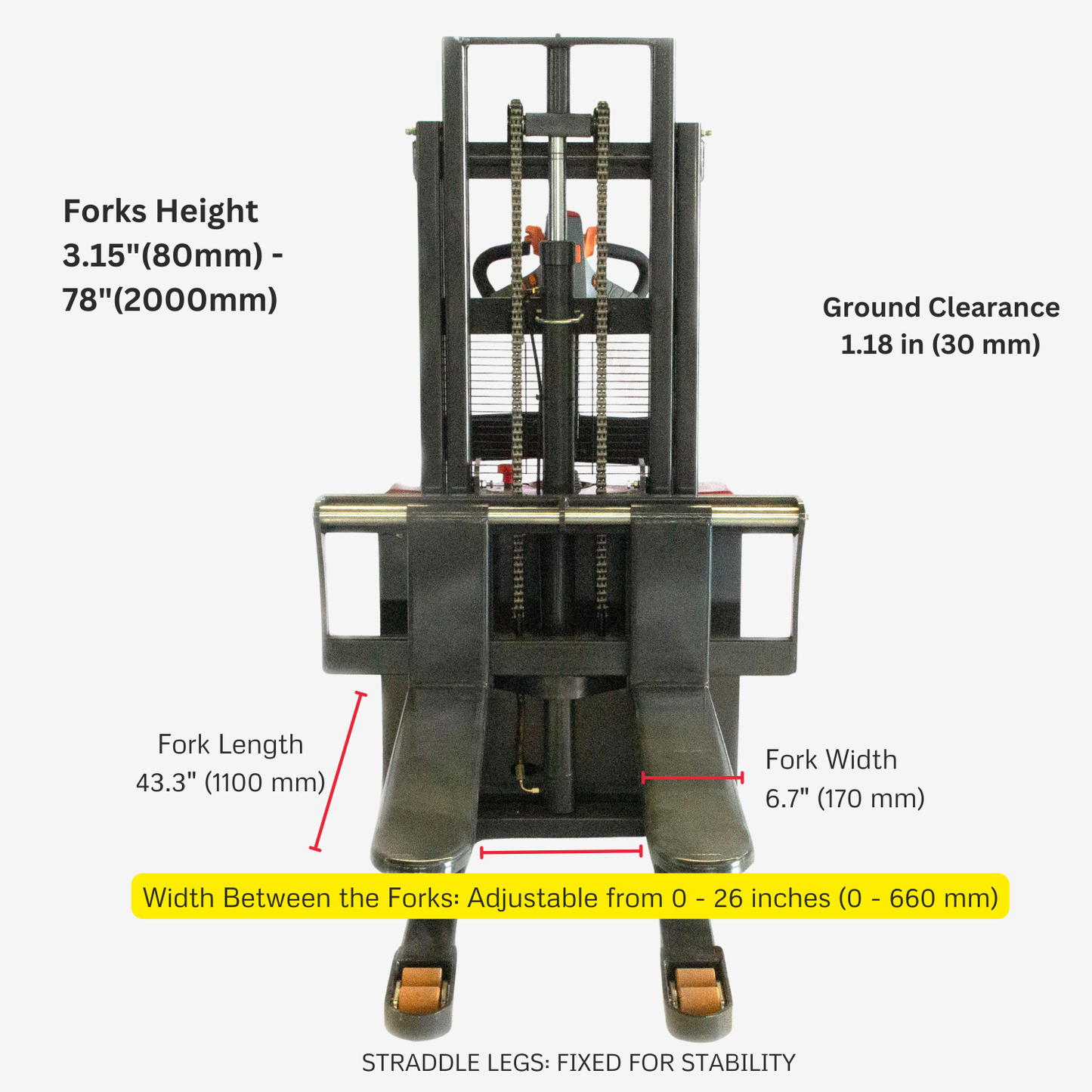 Full-Electric Pallet Stacker, 3300 lbs Capacity, 78" Lifting Height for Open-bottom Pallets
