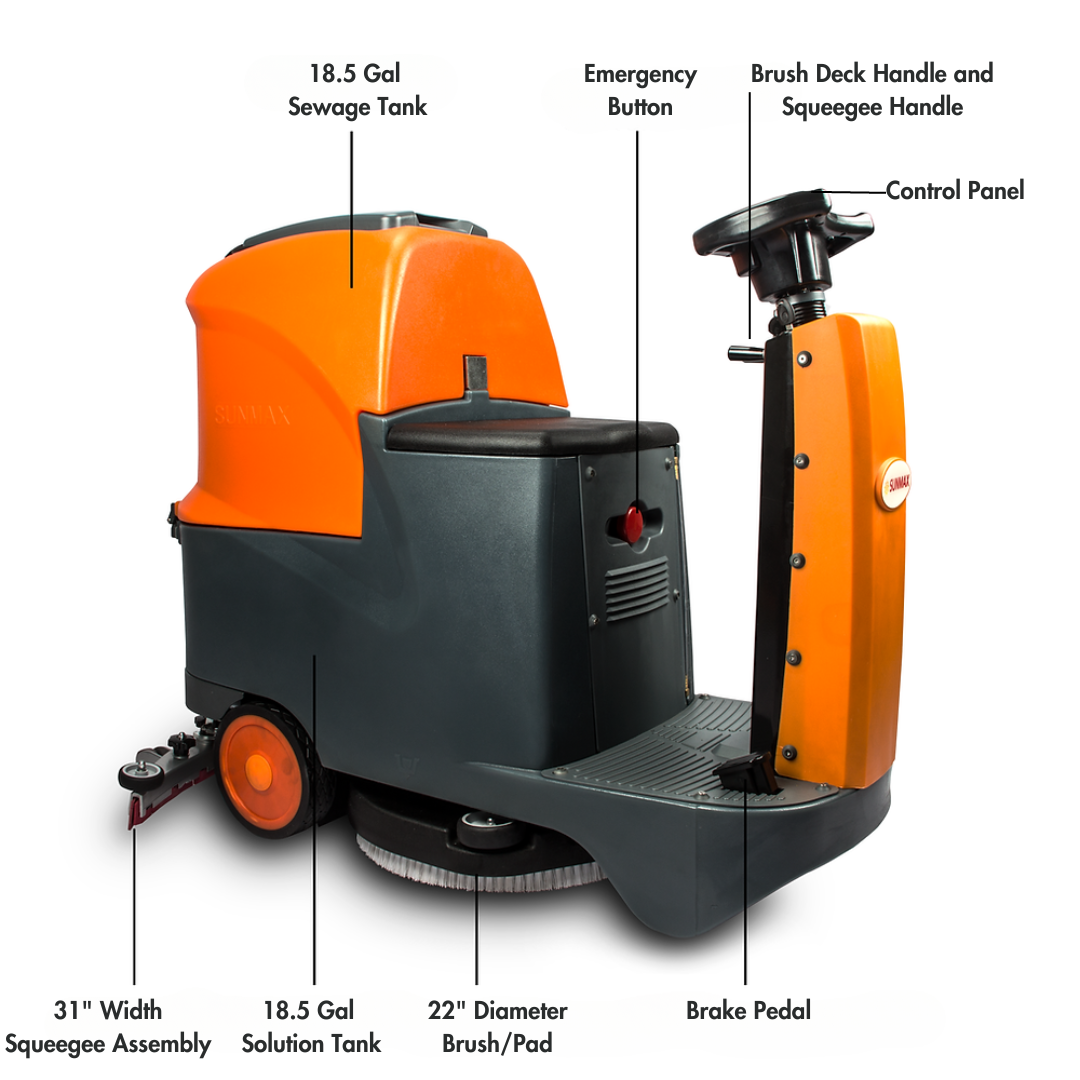 SANITMAX RT70 Ride-On Floor Scrubber, 48000 Sqft/H Efficiency, 18.5 Gal Tanks, 31-inch Squeegee Width