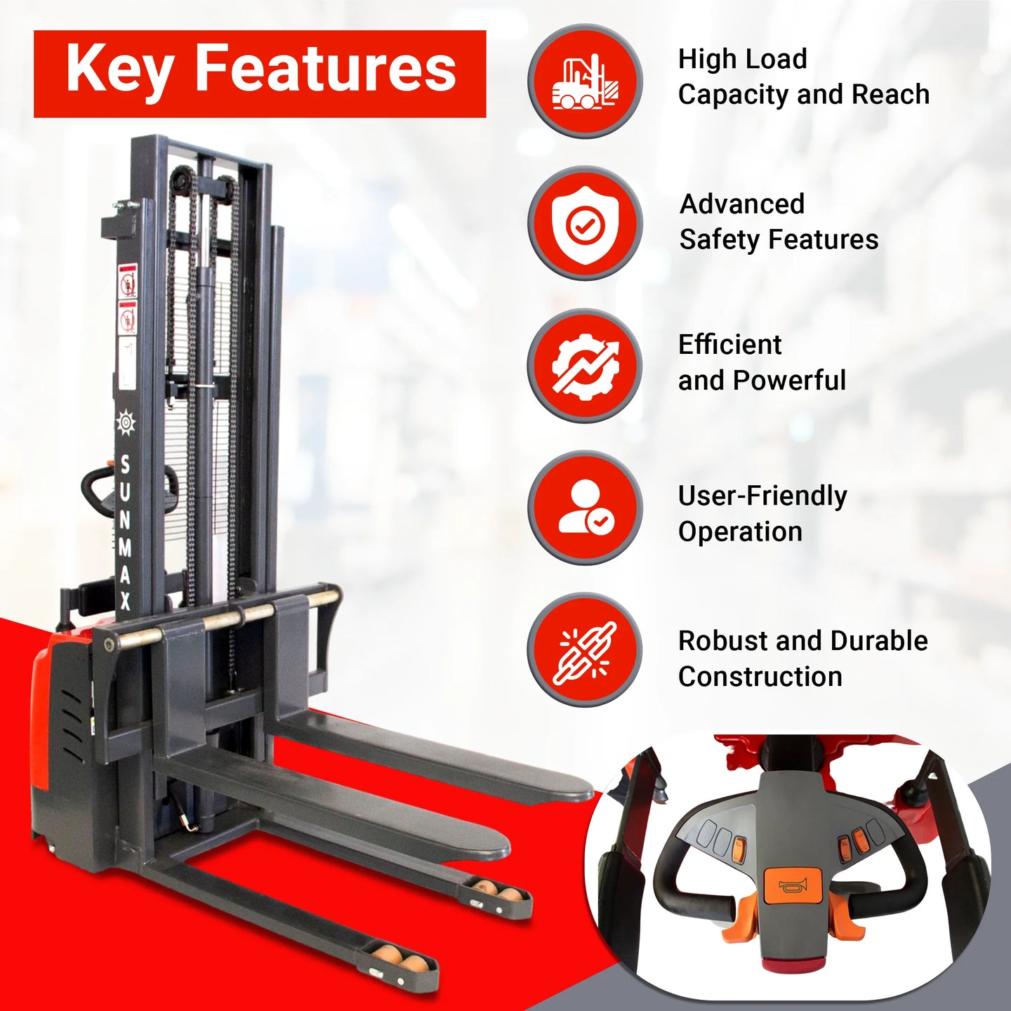 SANITMAX PS3300FE-3M Electric Pallet Stacker, 3300 lbs Capacity, 9.8 ft Lifting Height, Electromagnetic Brake
