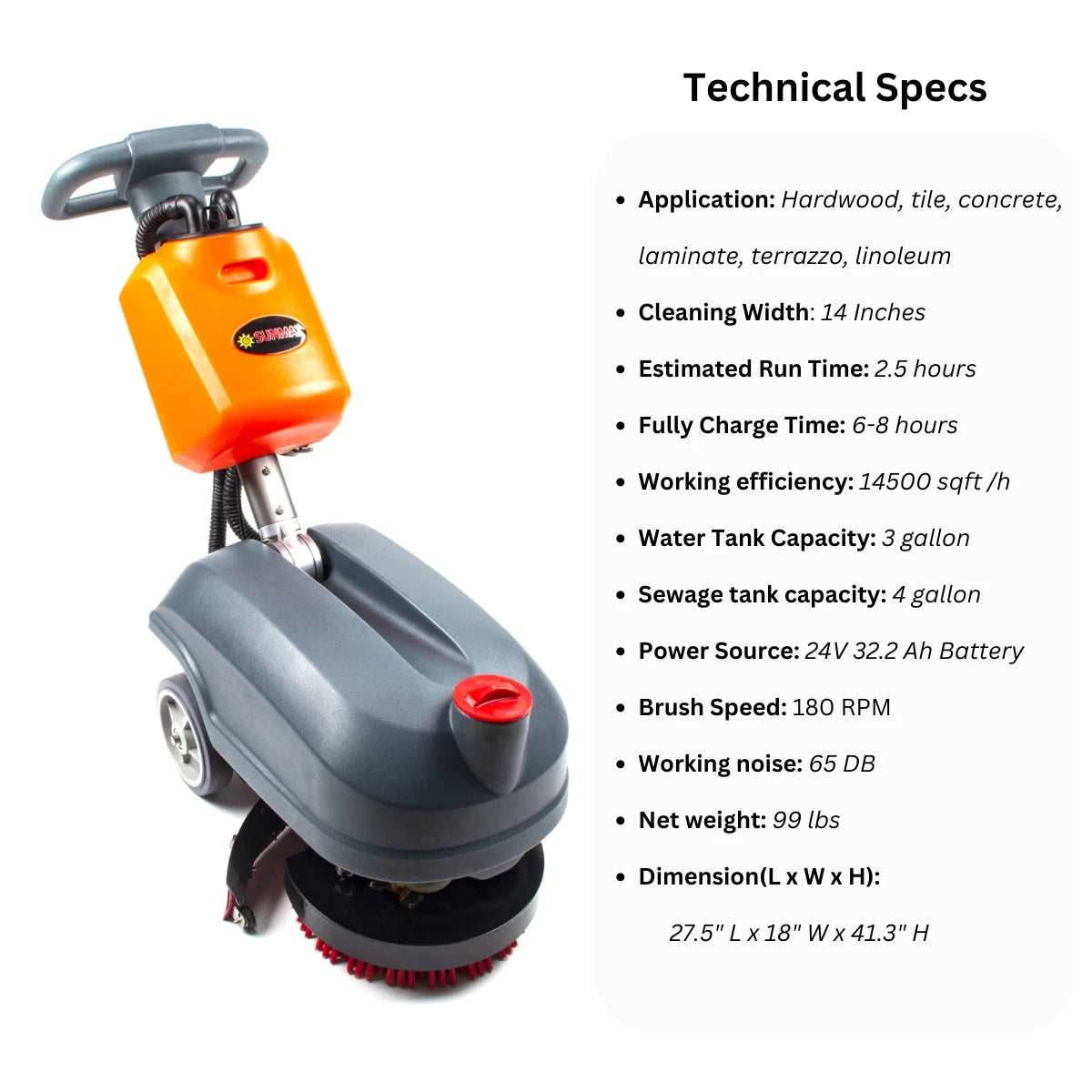 SANITMAX RT15 14" Commercial Compact Floor Scrubber Machine, 14500 sqft/h, 4-Gal Sewage Tank, Efficient Cleaning for Hard Floors