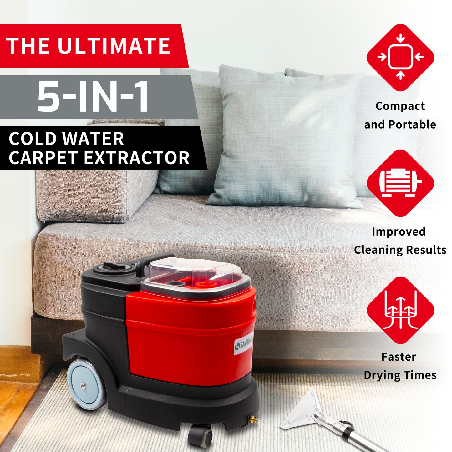 SANITMAX SM04 Cold Water Carpet Extractor, Powerful 1.0 HP Motor, 2.1 gal Sewage Tank, 3.7 gal Solution Tank