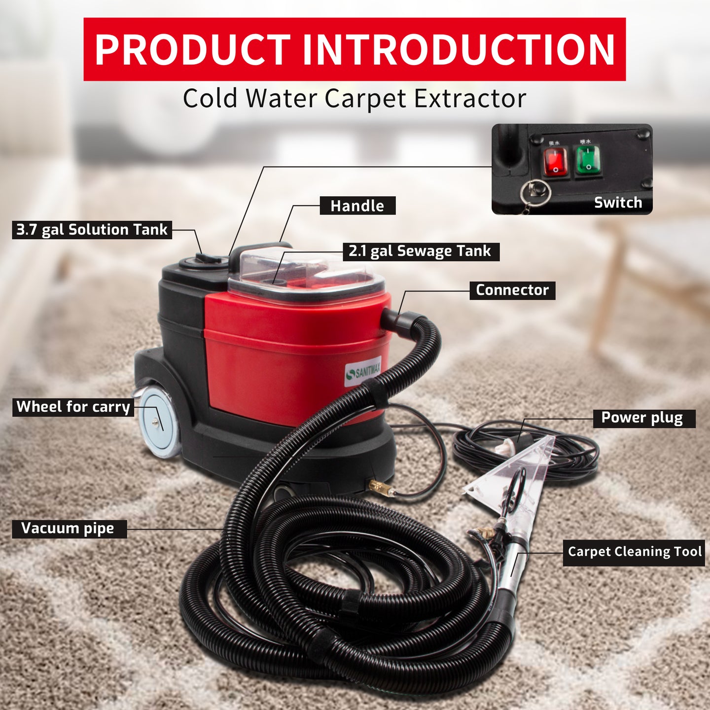 SANITMAX SM04 Cold Water Carpet Extractor, Powerful 1.0 HP Motor, 2.1 gal Sewage Tank, 3.7 gal Solution Tank
