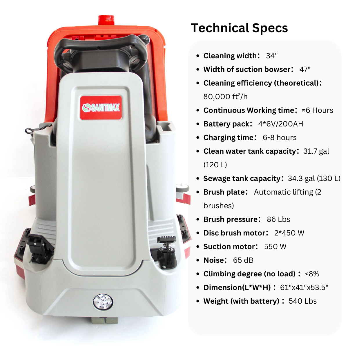 34" Ride-On Floor Scrubber SM860, 34.3 Gal Tanks, 80000 Sqft/H