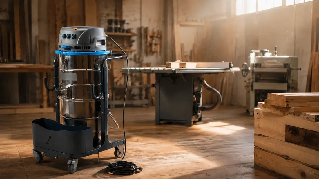 SANITMAX SM100 industrial vacuum with HEPA filtration in a professional woodworking shop, capturing fine wood dust from a table saw — 212 CFM with reverse-pulse filter cleaning
