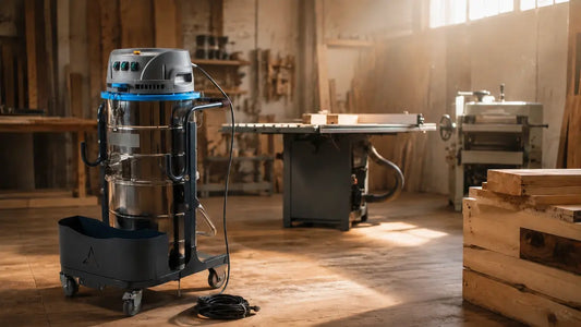 SANITMAX SM100 industrial vacuum with HEPA filtration in a professional woodworking shop, capturing fine wood dust from a table saw — 212 CFM with reverse-pulse filter cleaning