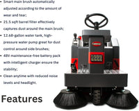 SM1250 49" Ride-on Industrial Floor Sweeper,  26 Gal Dustbin, 69000 Sqft/h Efficiency