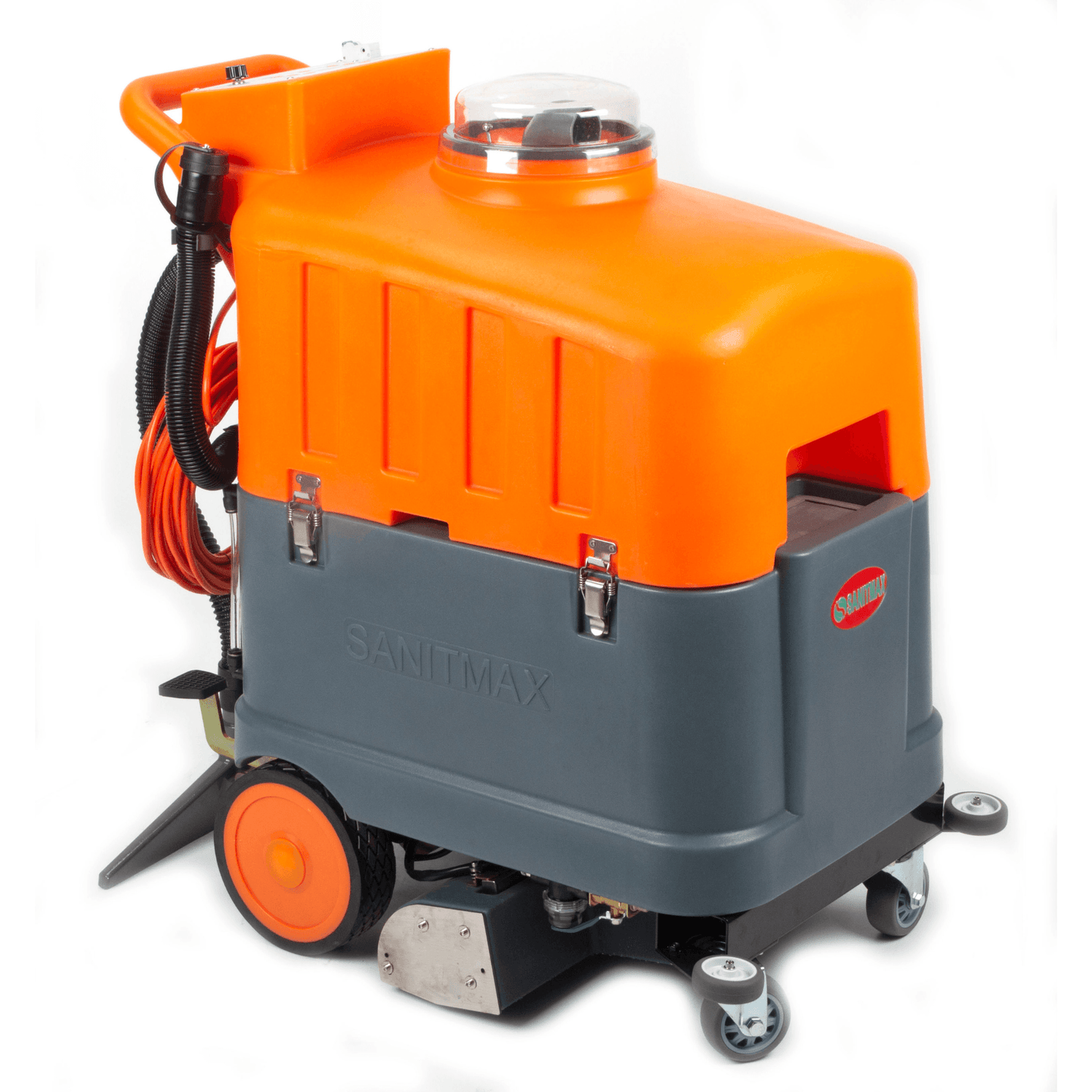Self-propelled carpet cleaning machine in orange and gray, ideal for multi-surface cleaning and commercial use.