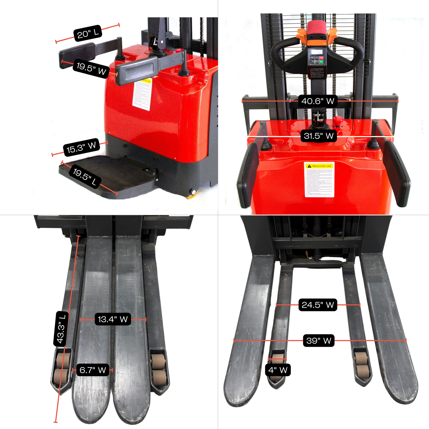 PS3300FE-3M Fulll-Electric Pallet Stacker, 3300 lbs Capacity, 118" Lifting Height, Works with Open-bottom Pallets