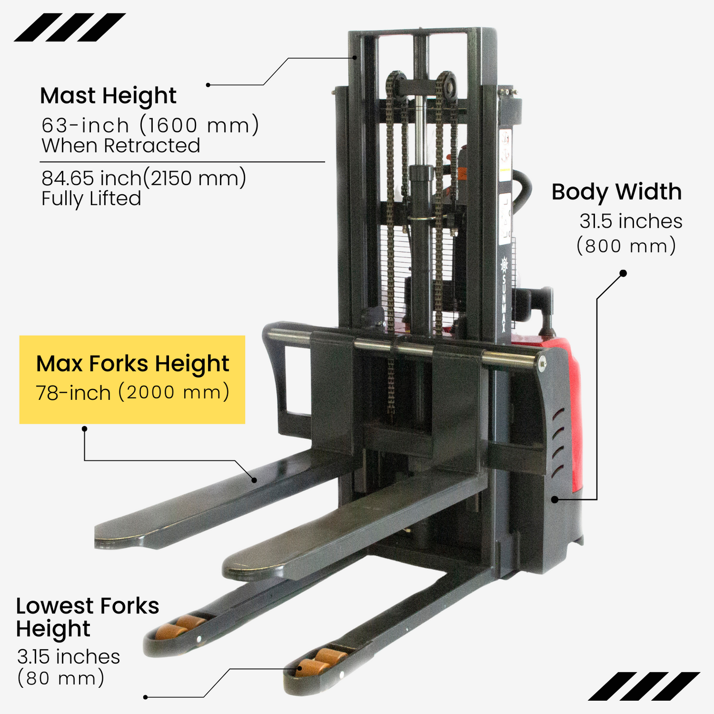 Full-Electric Pallet Stacker, 3300 lbs Capacity, 78" Lifting Height for Open-bottom Pallets