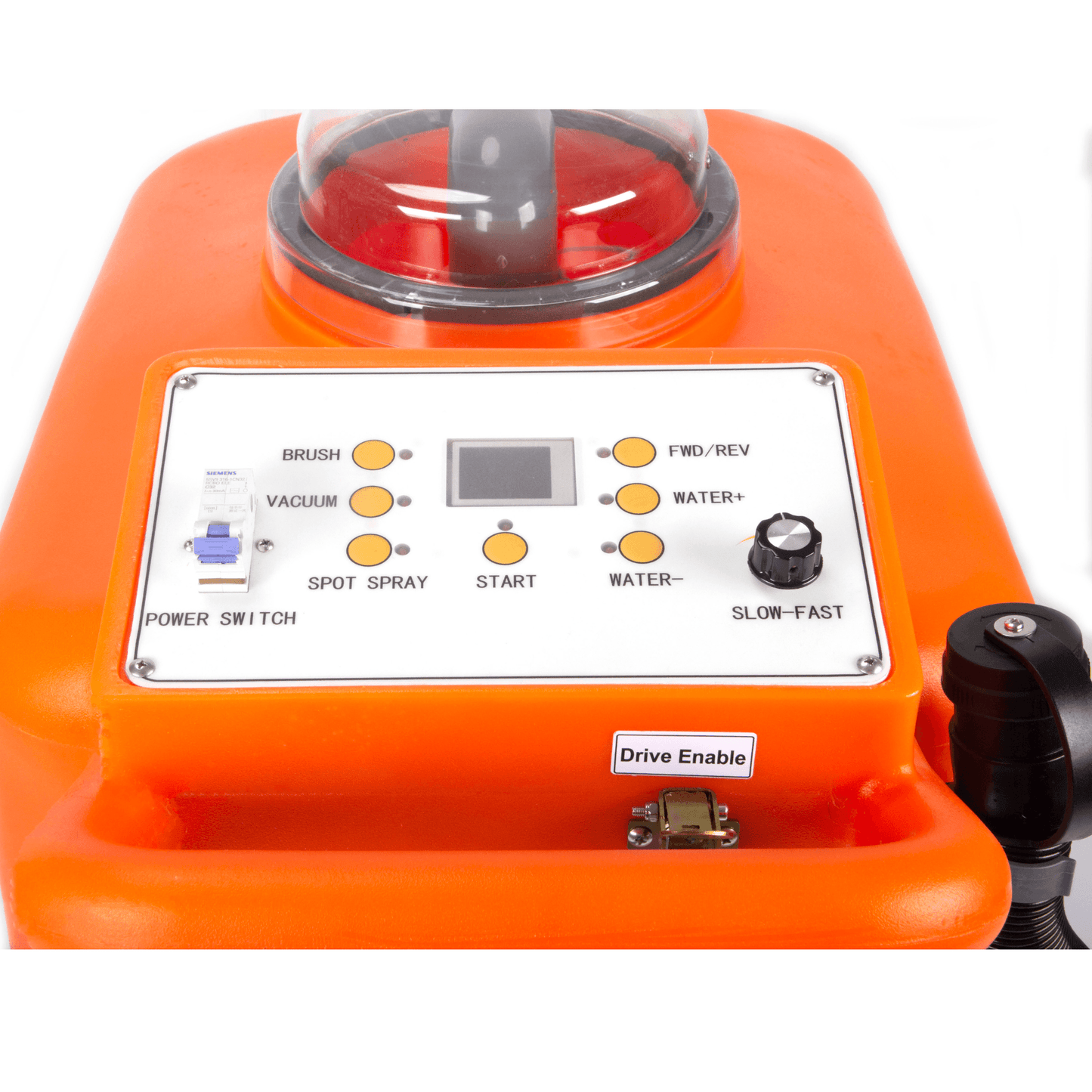 Self-Propelled Carpet Cleaning Machine control panel with buttons for brush, vacuum, and spray settings.