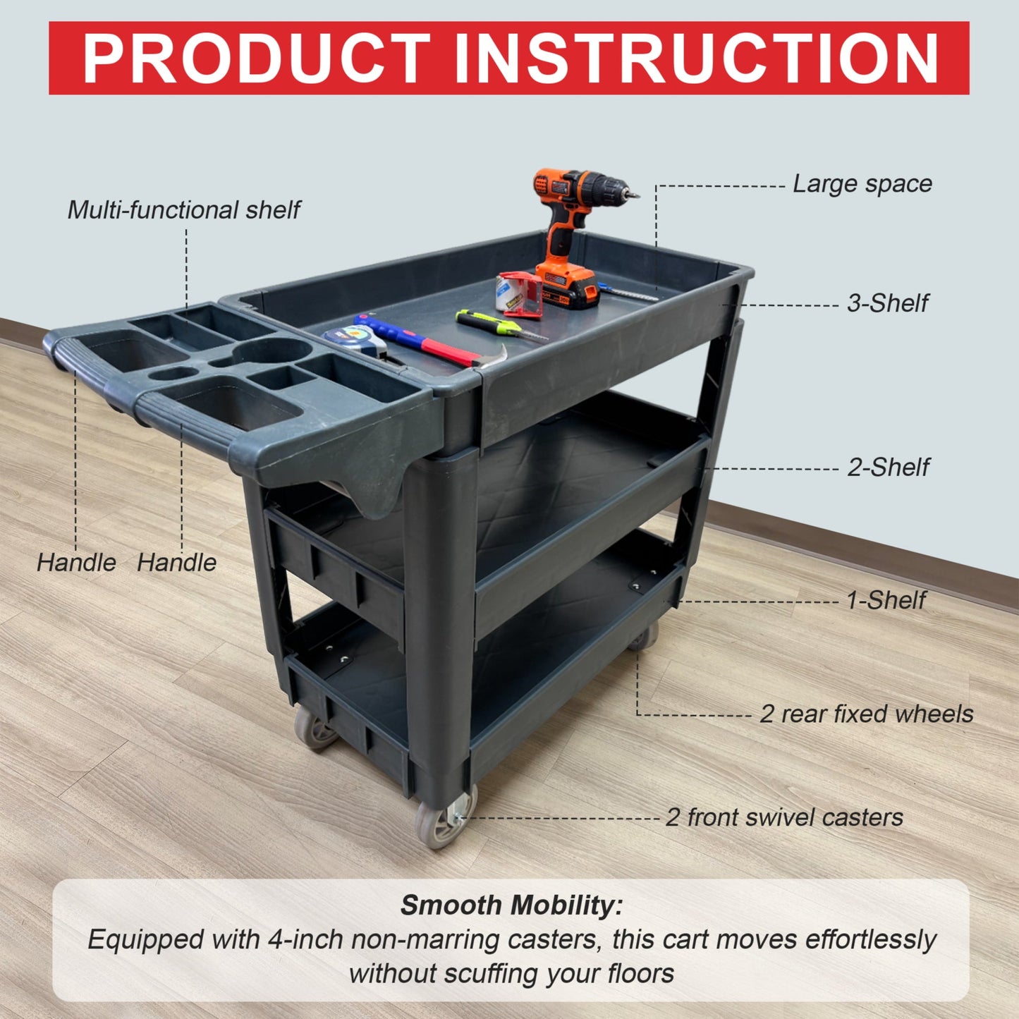 600 lbs Heavy Duty Plastic Rolling Utility Cart for Warehouse/Garage/Restaurants/Offices, HDPE Shelves, 5" Caster Wheelss