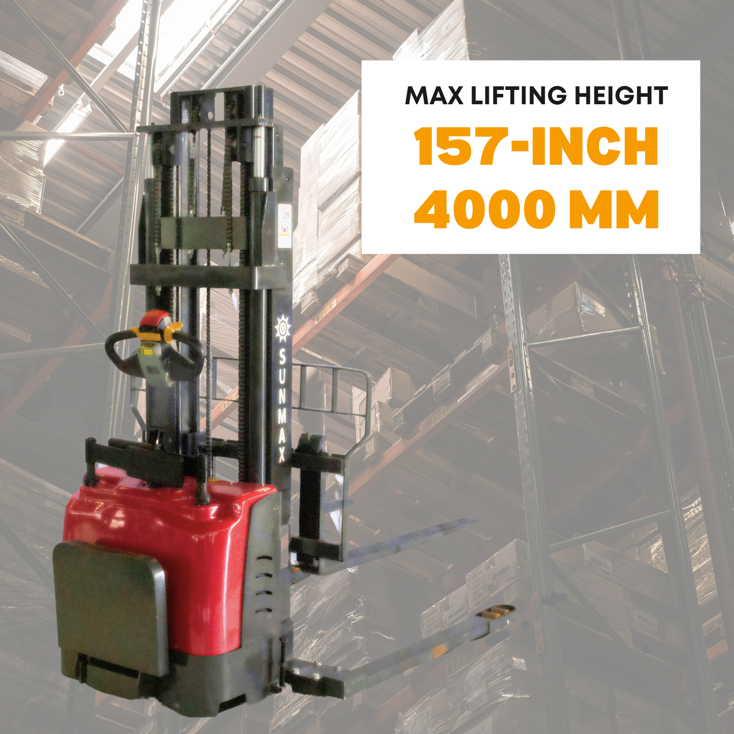 Full-Electric Pallet Stacker – 157" Max Lift Height,  3300 lbs Capacity, Adjustable Legs