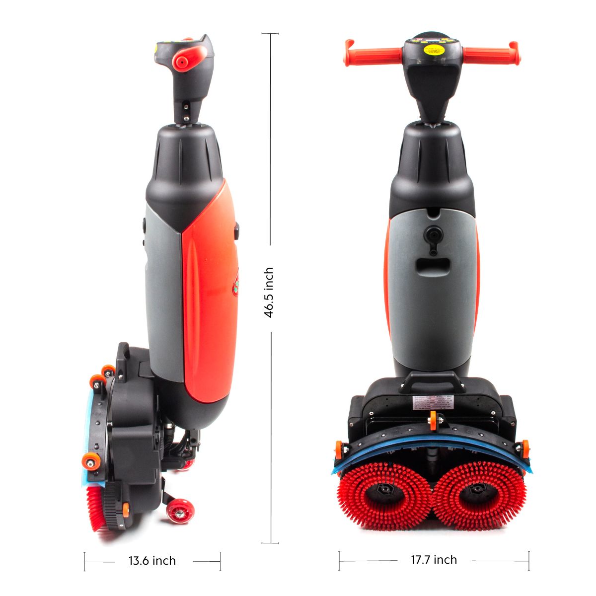 Dimensions of 17'' SM430 Walk Behind Floor Scrubber Machine showing 46.5 inches height, 13.6 inches width, and 17.7 inches cleaning width