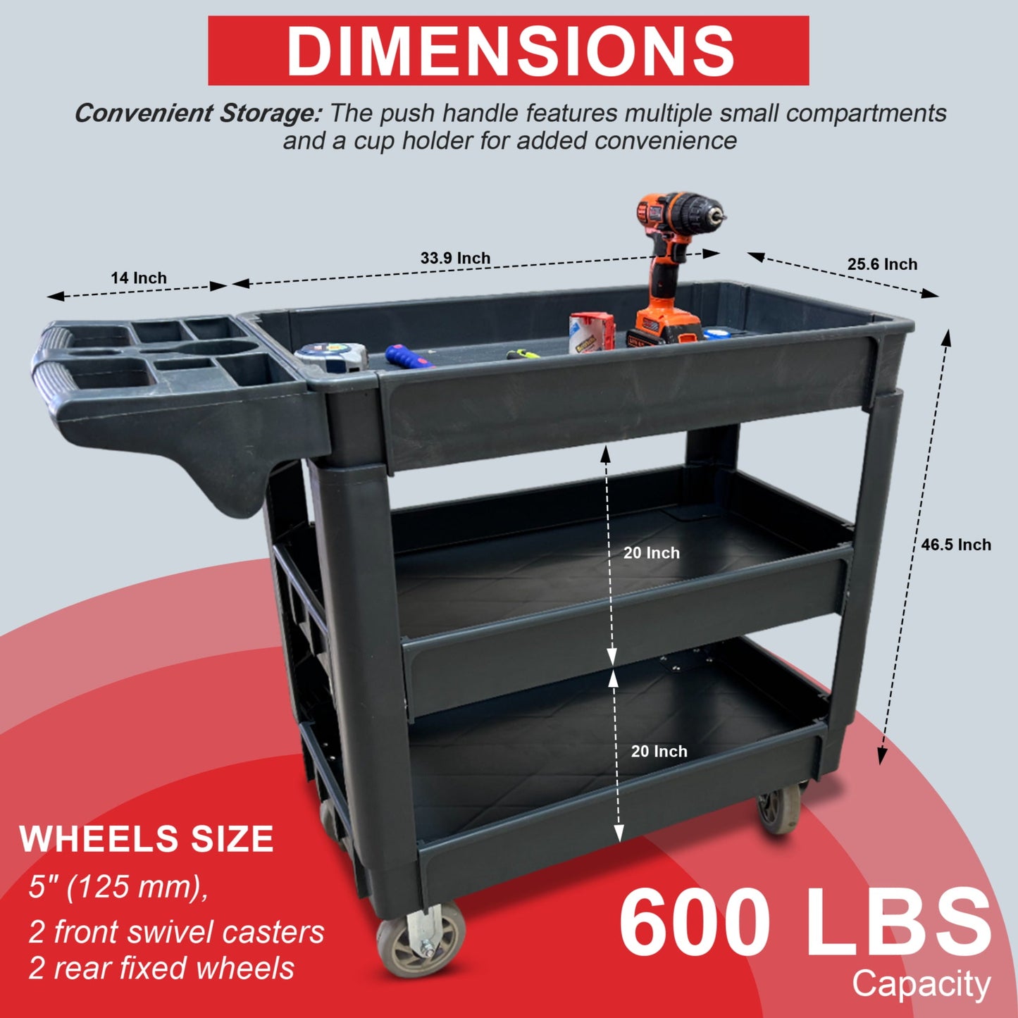 600 lbs Heavy Duty Plastic Rolling Utility Cart for Warehouse/Garage/Restaurants/Offices, HDPE Shelves, 5" Caster Wheelss