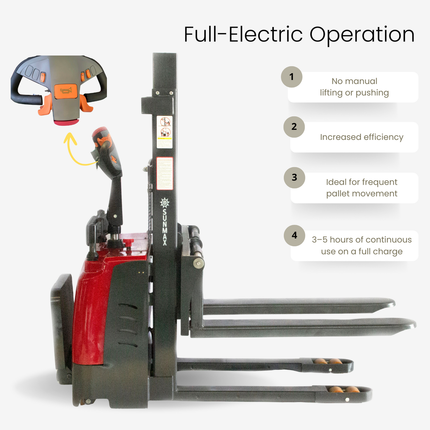Full-Electric Pallet Stacker, 3300 lbs Capacity, 78" Lifting Height for Open-bottom Pallets