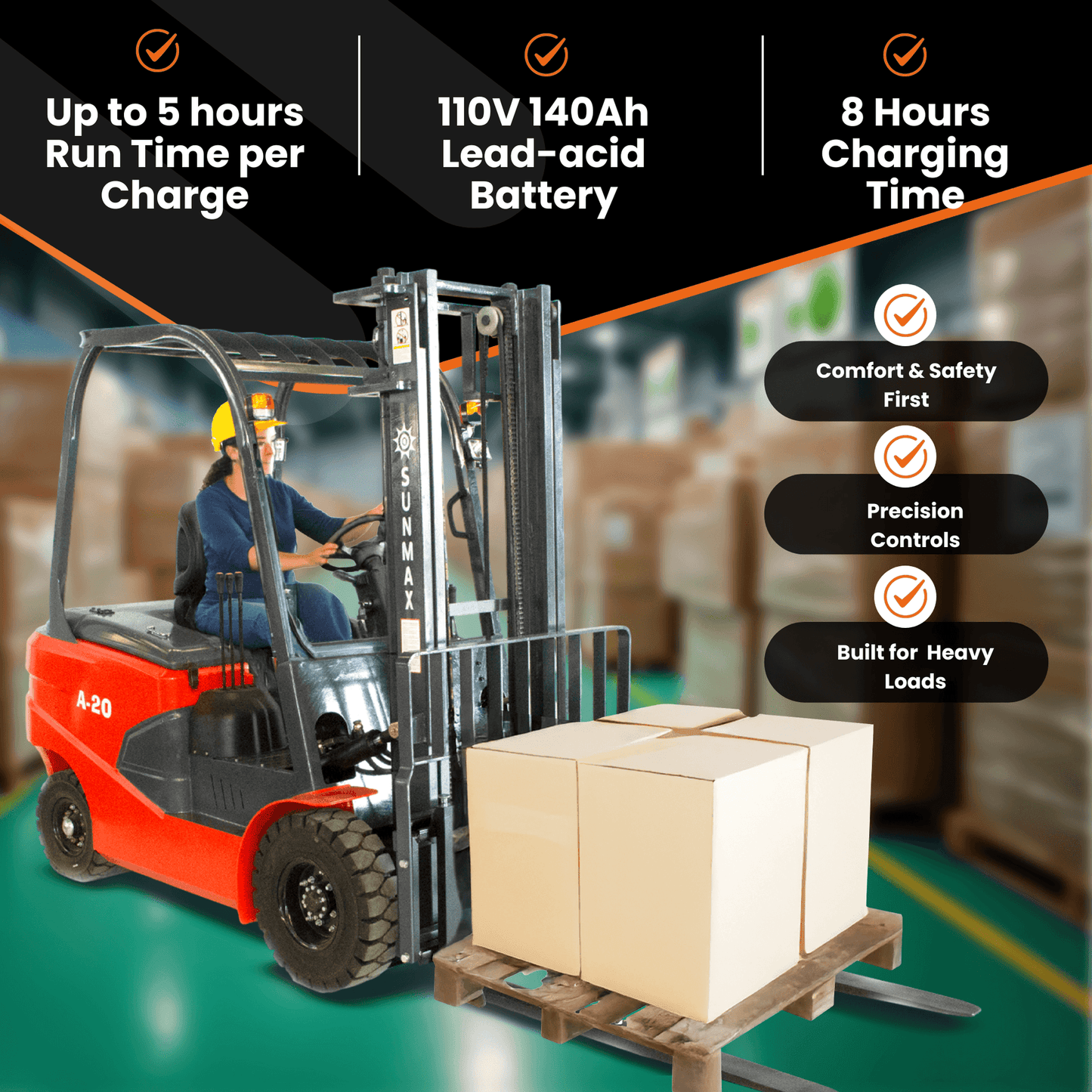 A-20 Electric Forklift – 4400 lbs Capacity, 118" Lift Height, Compact & Powerful for Warehouse Operations