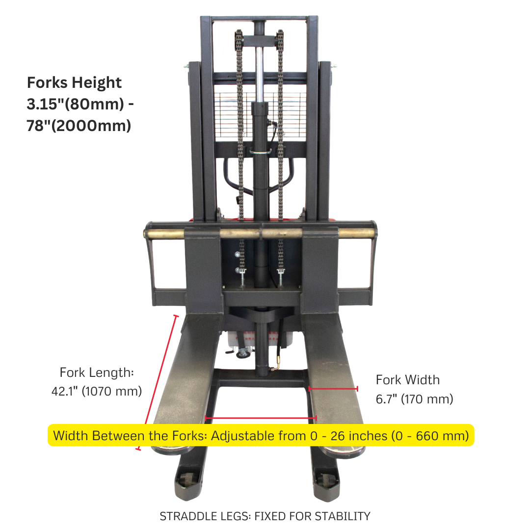 PS3300SE-2M Semi-Electric Pallet Stacker, 3300 lbs Capacity, 78" Lifting Height