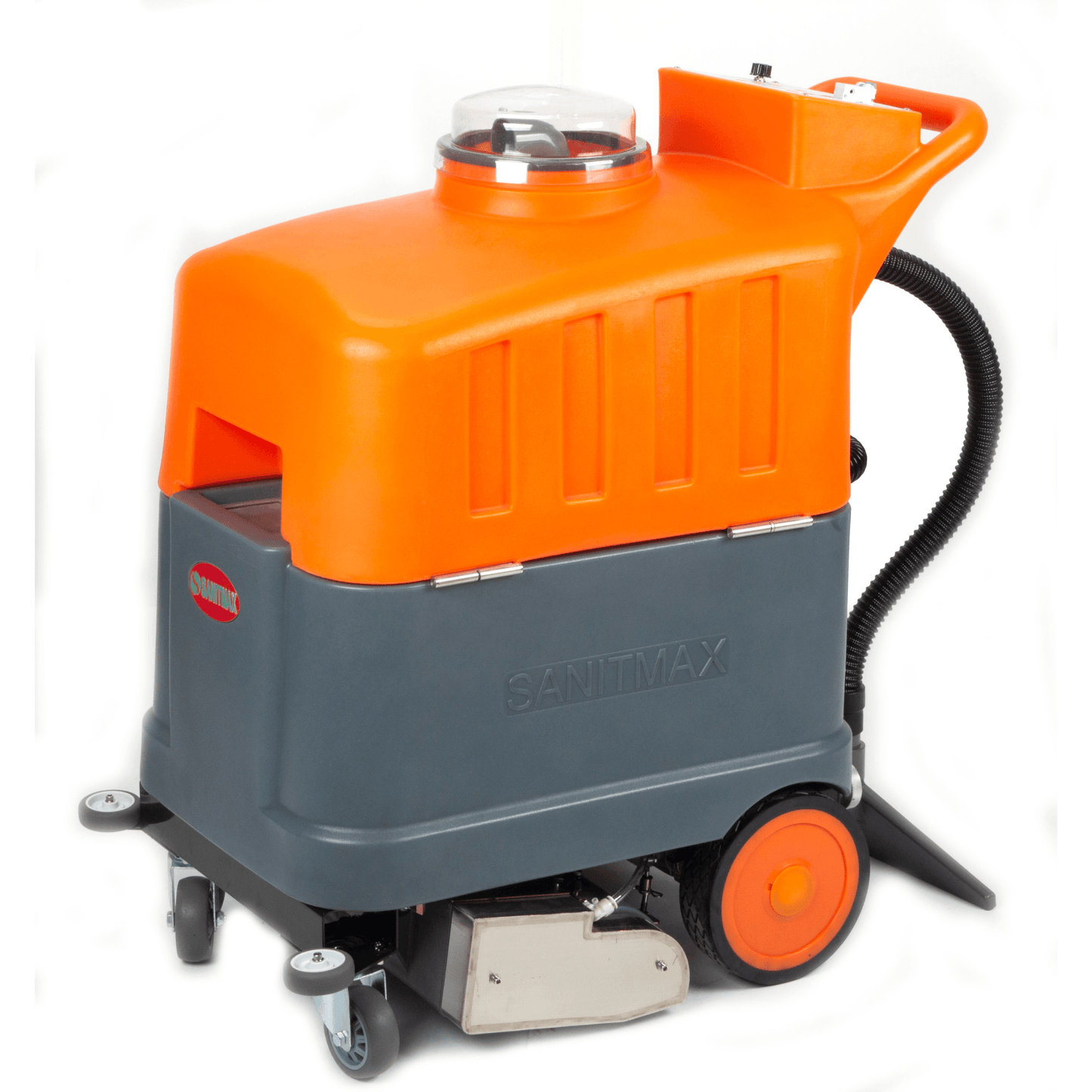 Self-propelled Carpet Cleaning Machine for multi-surface and carpet cleaning, with orange and gray design.