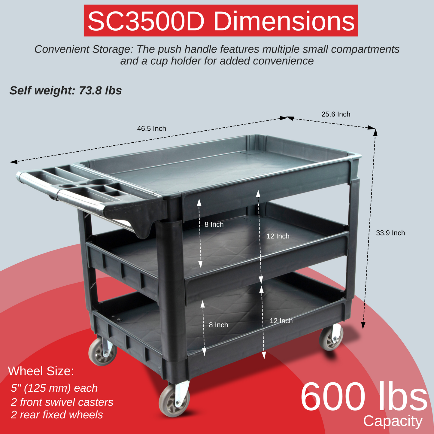 SANITMAX 600 lbs Heavy Duty Plastic Rolling Utility Cart for Warehouse/Garage/Restaurants/Offices, HDPE Shelves, 5" Caster Wheels 