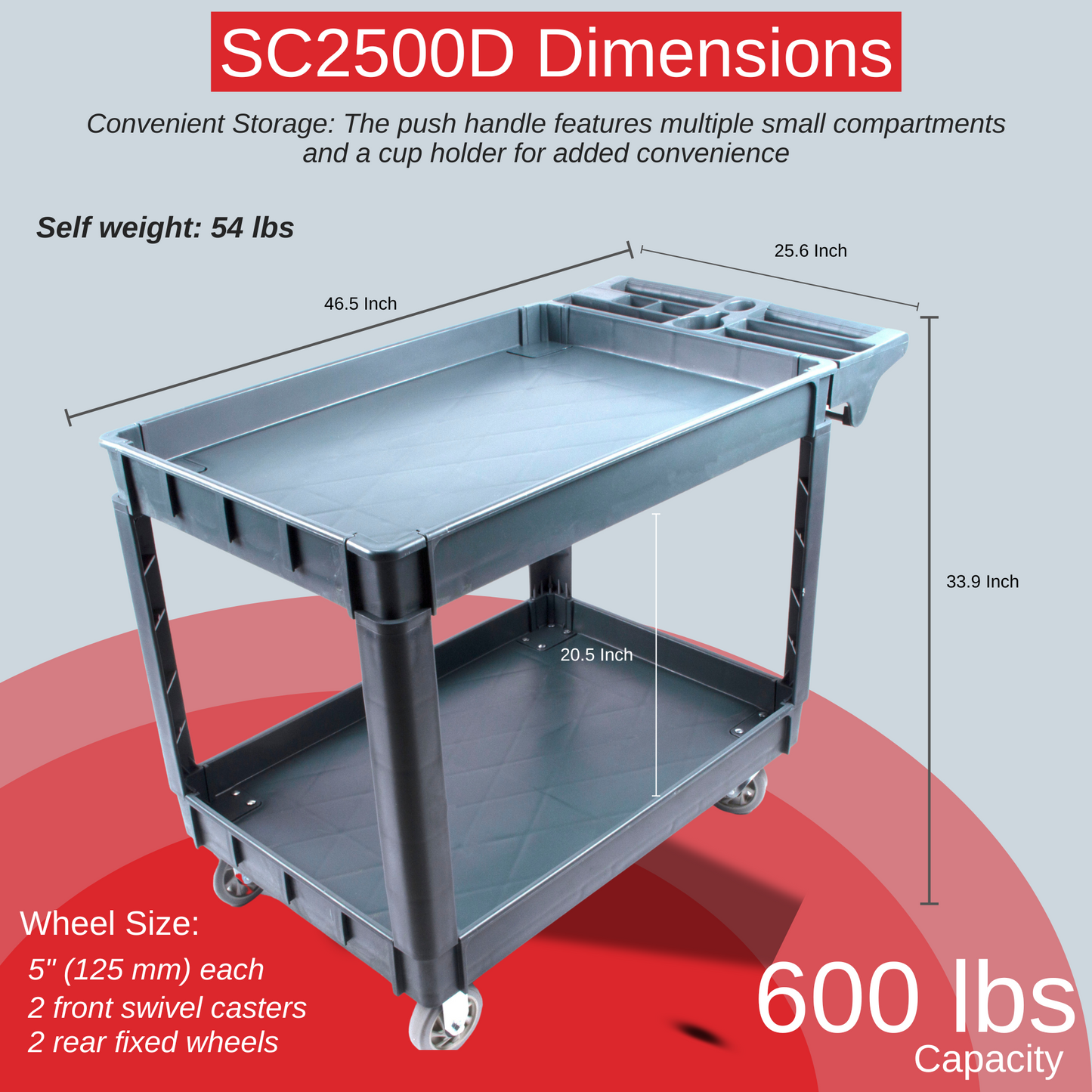 SANITMAX 600 lbs Heavy Duty Plastic Rolling Utility Cart for Warehouse/Garage/Restaurants/Offices, HDPE Shelves, 5" Caster Wheels 