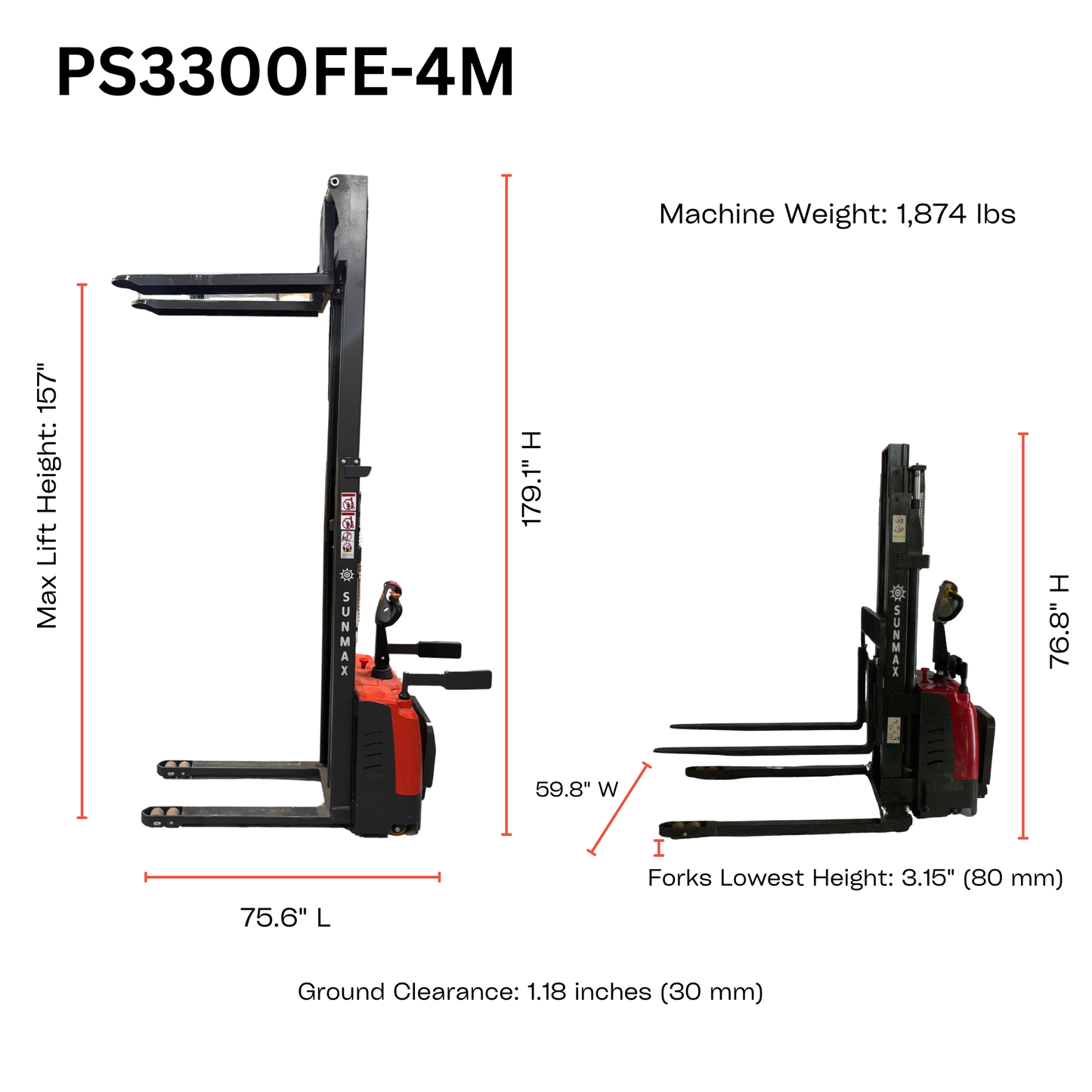 Full-Electric Pallet Stacker – 157" Max Lift Height,  3300 lbs Capacity, Adjustable Legs