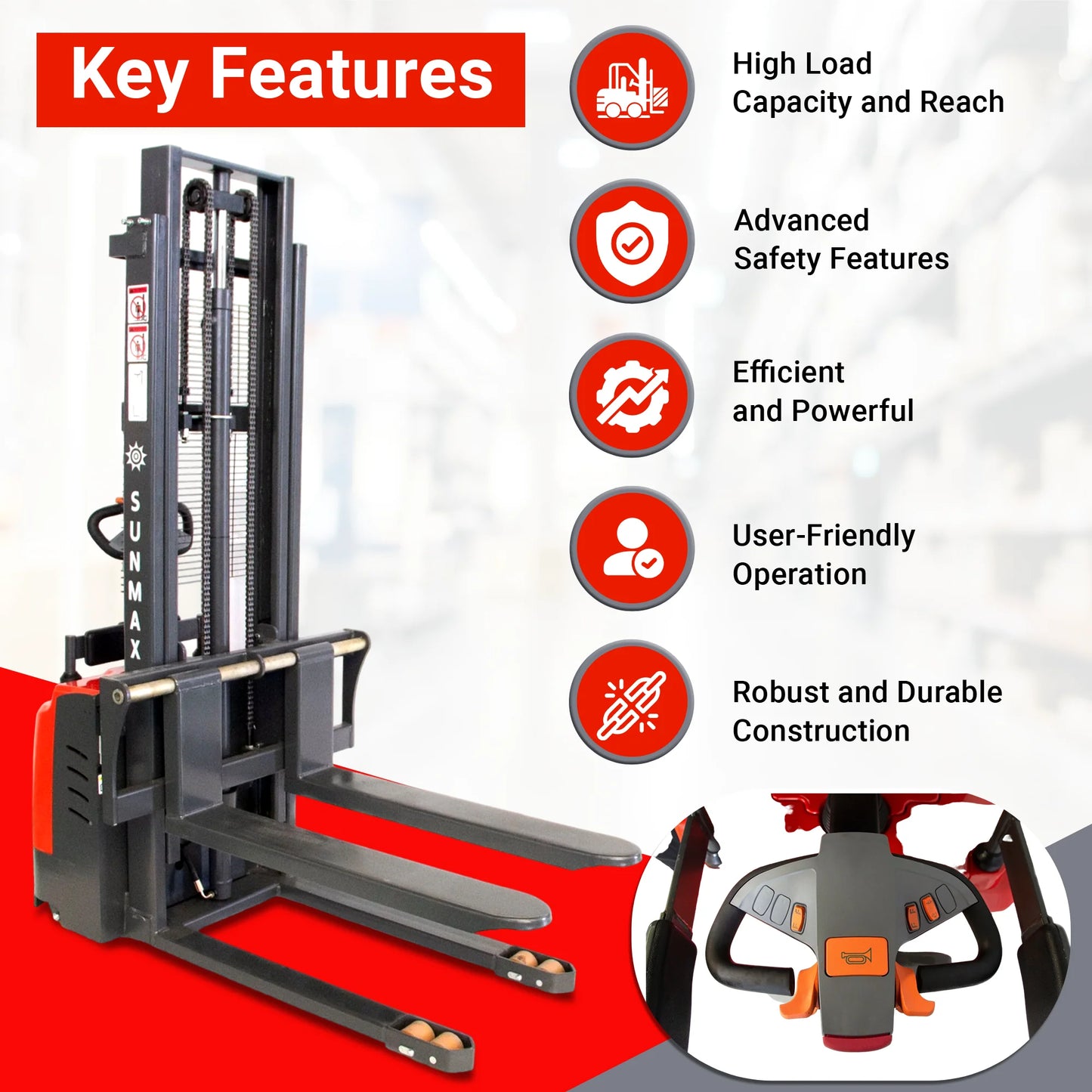 PS3300FE-3M Electric Pallet Stacker, 3300 lbs Capacity, 9.8 ft Lifting Height, Electromagnetic Brake