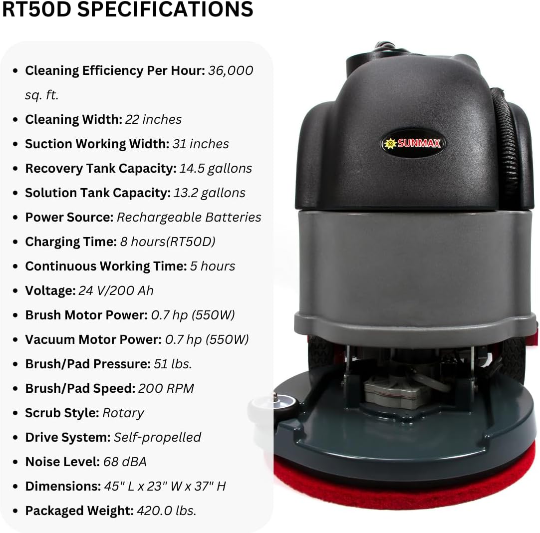 RT50D 22" Self-Propelled Commercial Floor Scrubber Dryer Machine, Battery Powered, 31" Squeegee Width, 14.5-gal Sewage Tank, 36,000 sqft/h Working Efficiency