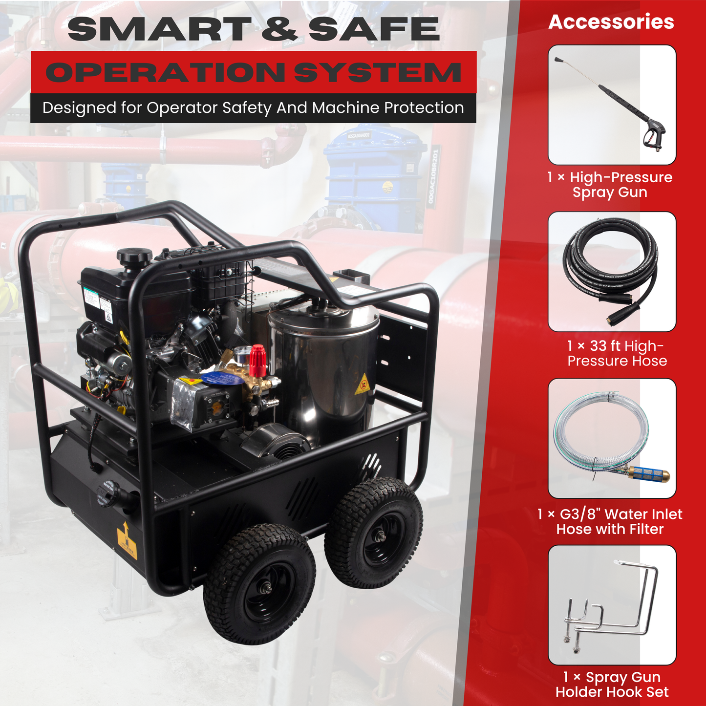 SM4000 Hot & Cold Water High Pressure Washer, Gasoline Powered, 4,000 PSI, 4.0 GPM, Diesel Heating, Instant Hot Water