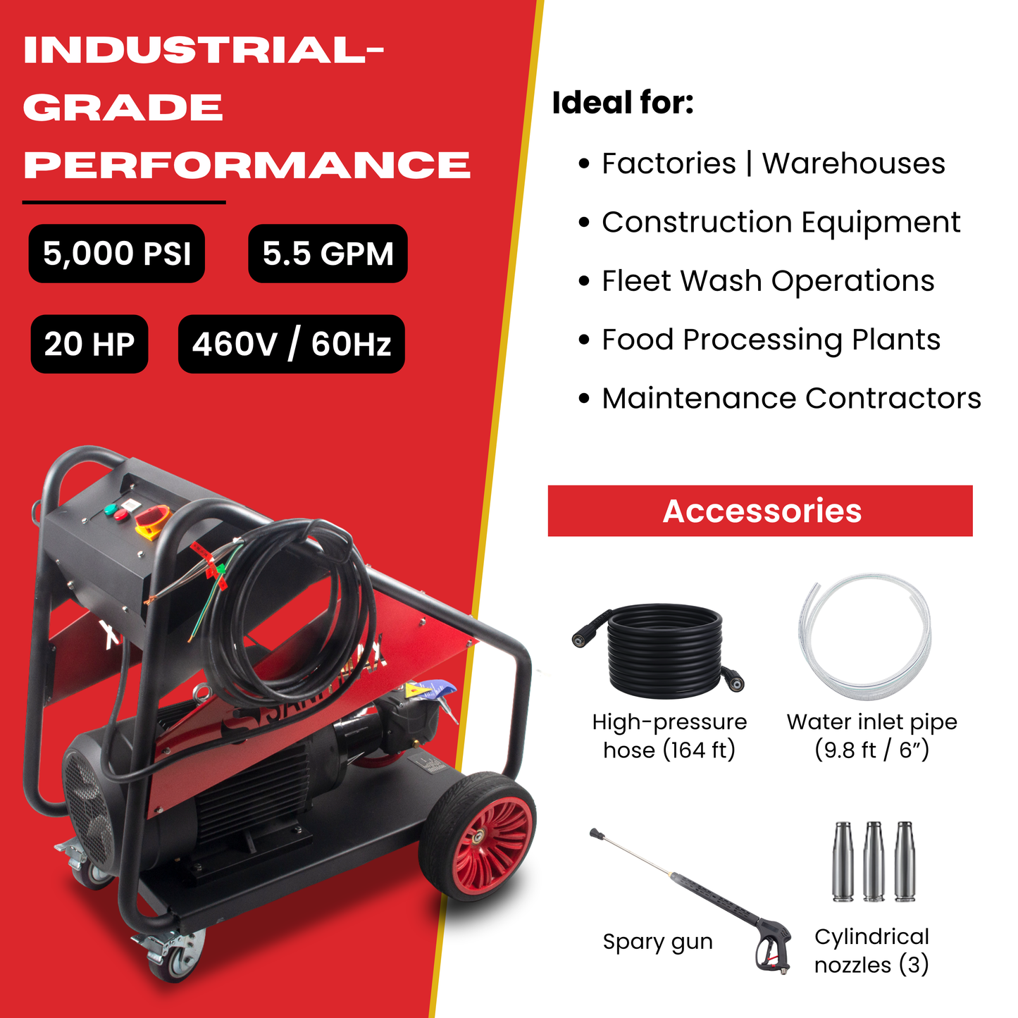 SM5000 Industrial Cold Water Electric Pressure Washer – 5000 PSI, 5.5 GPM, 20HP
