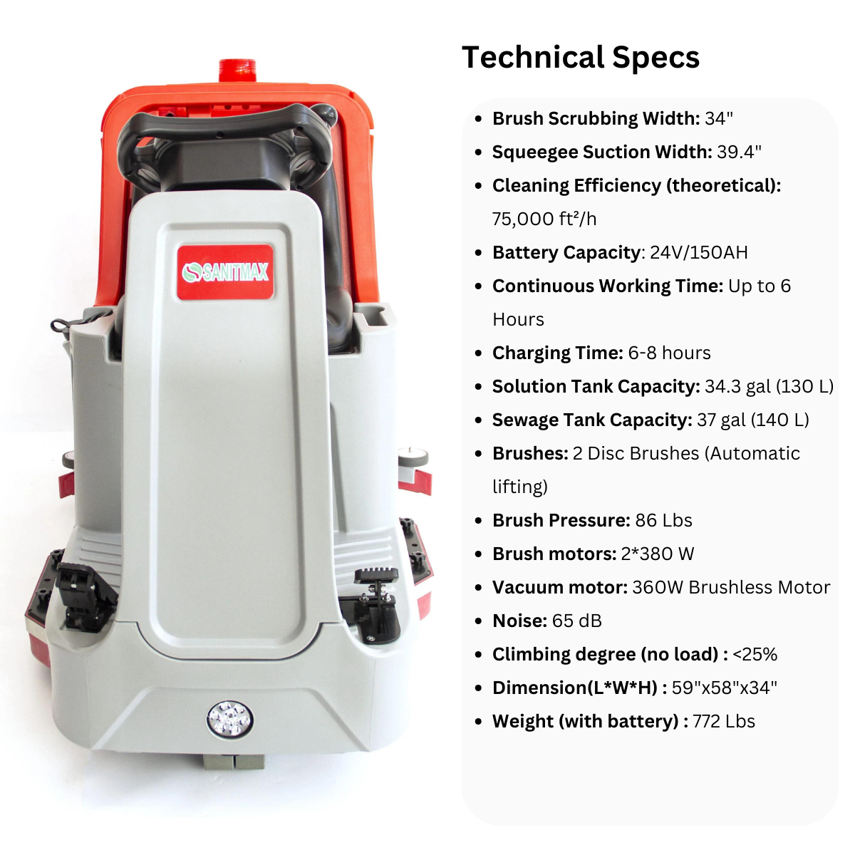 SANITMAX SM860 Ride-On Commercial Floor Scrubber Dryer Machine, 34" Dual Brushes, 37-Gal Sewage Tank, 80,000 Sqft/H Cleaning Efficiency 