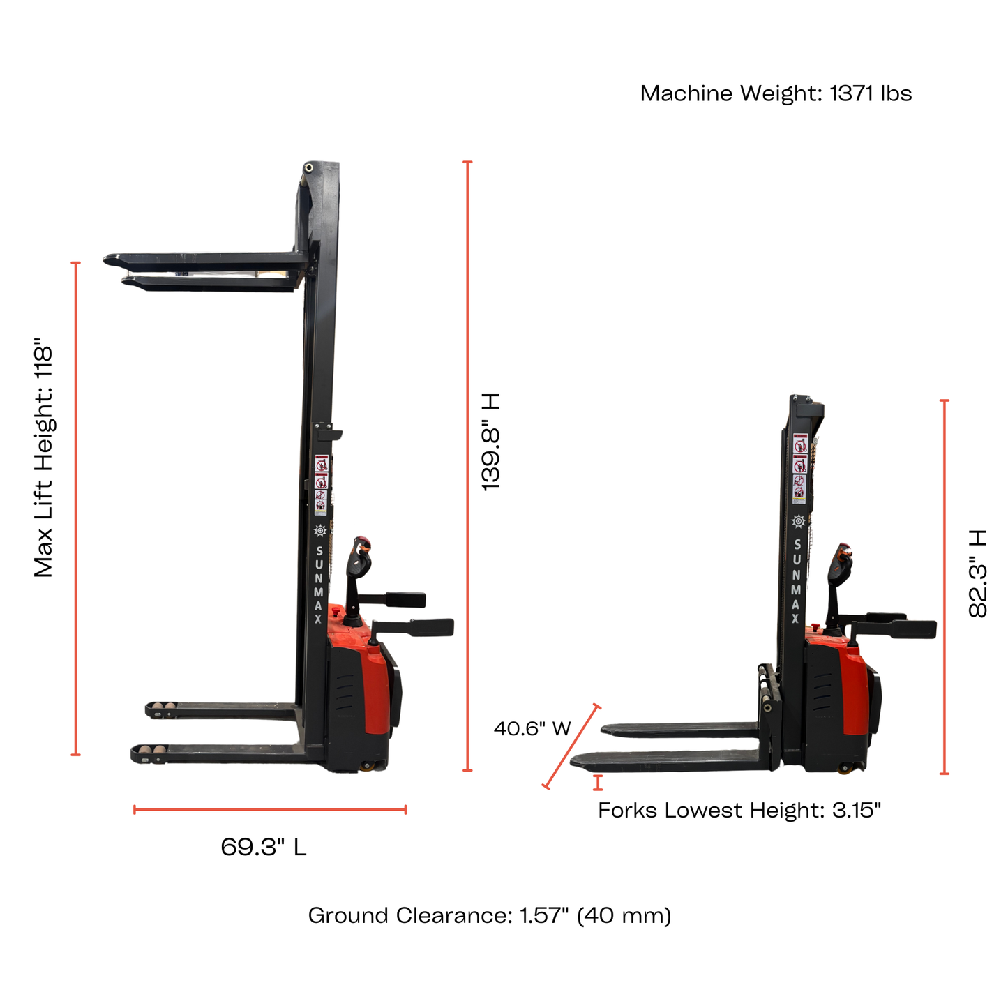 PS3300FE-3M Fulll-Electric Pallet Stacker, 3300 lbs Capacity, 118" Lifting Height, Works with Open-bottom Pallets
