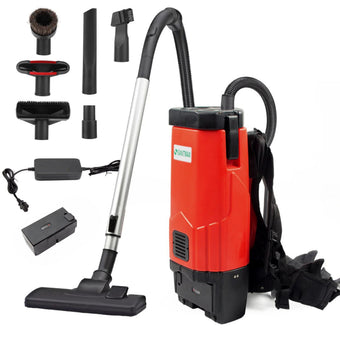 compare product Cordless Backpack Vacuum, 106 CFM Cleaner, 1.3 Gal Capacity, Battery Powered Up to 25 Min Runtime