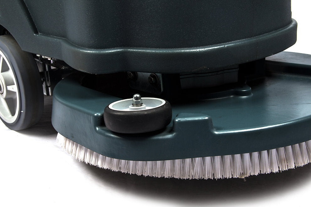 Close-up of brush and water outlet on SUNMAX RT50 22-inch Walk-behind Commercial Floor Scrubber Dryer Machine